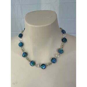 Vintage Japan Blue Green Foil Art Glass Beaded Necklace Iridescent Box Clasp